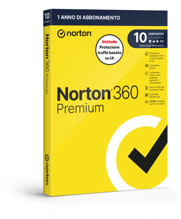 21483661.jpg NORTON 360 PREMIUM 2026 - ANTITRUFFA-10 DISPOSITIVI 12 MESI 75GB - IT BOX - SYMANTEC