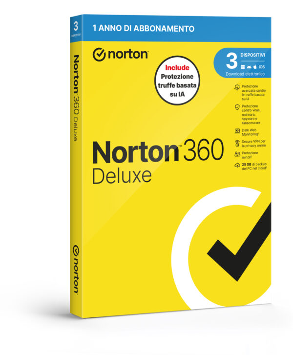 NORTON 360 DELUXE 2026 -ANTITRUFFA- 3 DISPOSITIVI 12 MESI 25GB - IT BOX - SYMANTEC