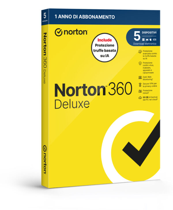 21483704.jpg NORTON 360 DELUXE 2026 -ANTITRUFFA- 5 DISPOSITIVI 12 MESI 50GB - IT BOX - SYMANTEC