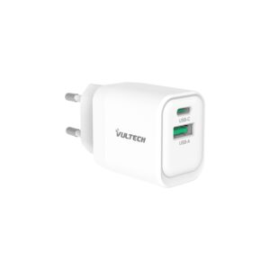 VULTECH CARICATORE ADATTATORE UNIVERSALE, 1 X TYPE-C PD30 E 1 X USB QC3.0, GAN PPS 33W, BIANCO COMPA