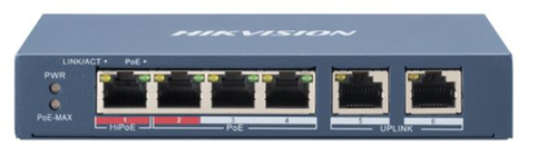 HIKVISION SWITCH 10/100 HI-POE METALLICO L2, UNMANAGED, 4 10/100M RJ45 POE PORTS, 2 10/100M RJ45 UPL