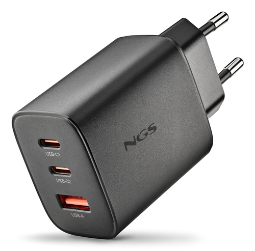 NGS ERA 65W: CARICATORE GaN DA PARETE UNIVERSALE DA 65W CON 3 porte: 2x USB-C + USB-A