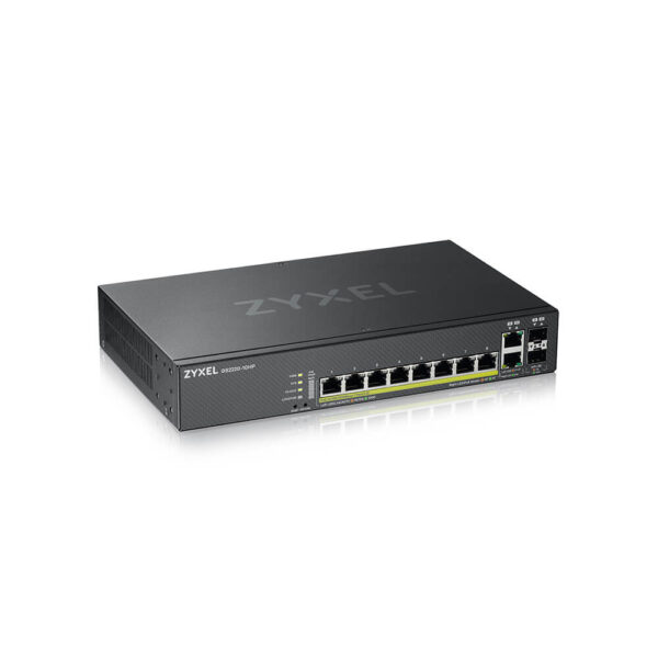 GS222010HPEU0101F.jpg ZYXEL SWITCH MANAGED LAYER 3 LITE, 8X GB POE 180W, 2X SFP, FANLESS DESKTOP/RACK, NFLEX