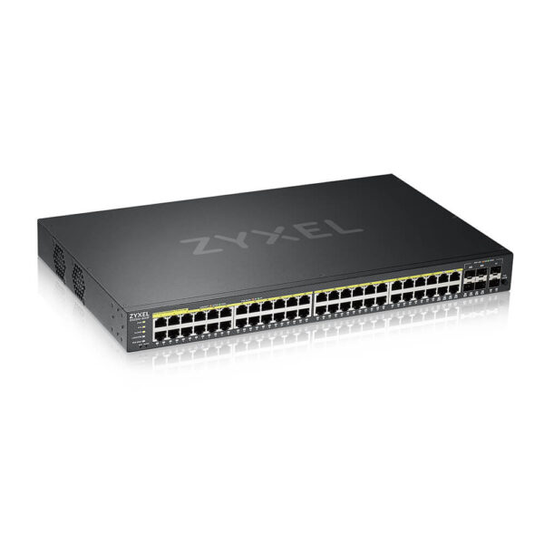 GS222050HPEU0101F.jpg ZYXEL SWITCH MANAGED LAYER 3 LITE, 44X GB POE 375W, 6 SFP, DESKTOP/RACK, NFLEX